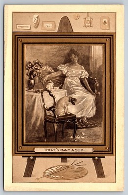 Postcard Art There's Many a Slip Dog on Chair at Tea Time 56L