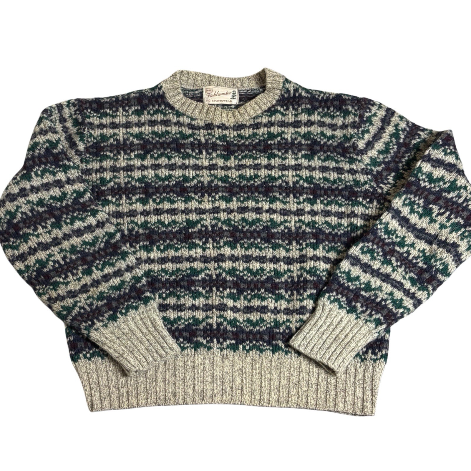 Vintage Fieldmaster Sweater Men's Large Green Fair Isle Knit Grandpa 90s USA