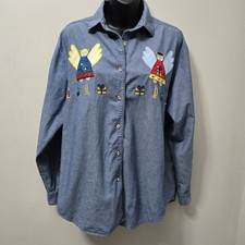 Vintage Chambray Womens S Button Down Embroidered Christmas Angel Grandmacore