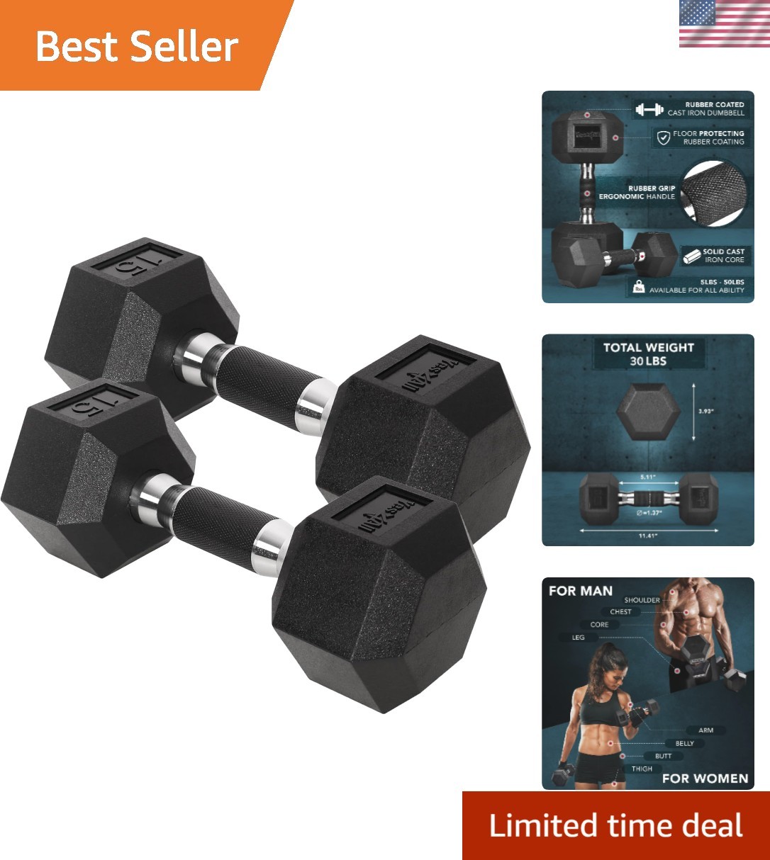 Durable Hex Dumbbells with Anti-Slip Rubber Grip - Lightweight 10-30 LBS Pair