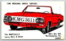 QSL CB Radio~Northampton PA~Hartzells KMG3611 Red Car Ghost Mobile~Postcard