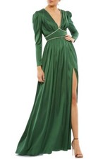 Ieena For Mac Duggal Crystal Detail Satin Empire Waist Long Sleeve Gown-Size 4