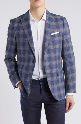 NEW Hugo Boss Hutson Open Blue Wool Blend Plaid Sport Coat Sz 42L NWT $695