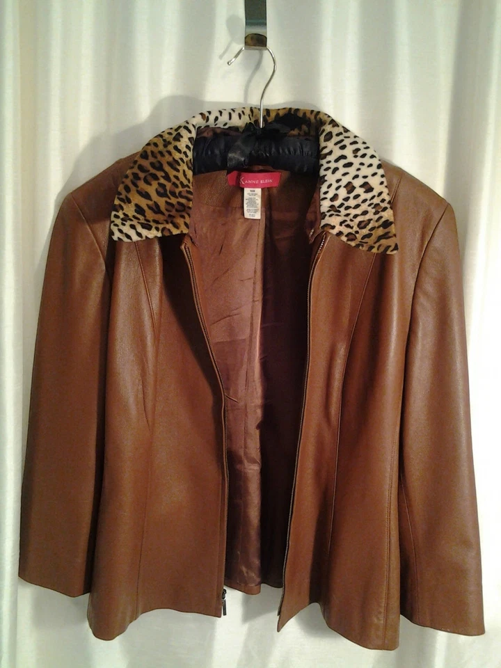 CHAQUETA DE CUERO ANN KLINE DE COLECCIÓN MARRÓN REMOCIÓN CUELLO LEOPARDO EL CUERO MÁS SUAVE XL Foto 2 de 4