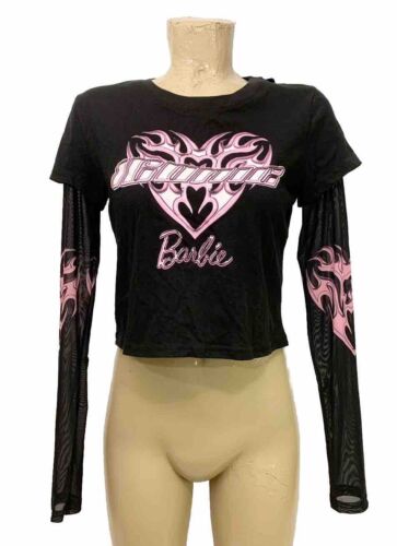 NWT Girls Barbie Tee Shirt L Large 36” Shirt Black Pink Long Sheer Sleeve AN3 - Afbeelding 1 van 6