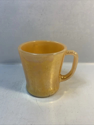 1 Fire King Peach Luster Mug Anchor Hocking D Handle Iridescent Mid Century USA