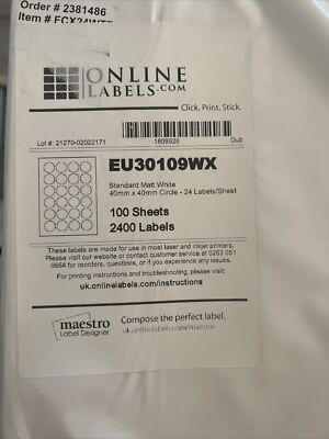 Etiketten Standard matt weiß 40 mm x 40 mm Kreis - 24 Blatt x 100 Blatt 2400 Etiketten
