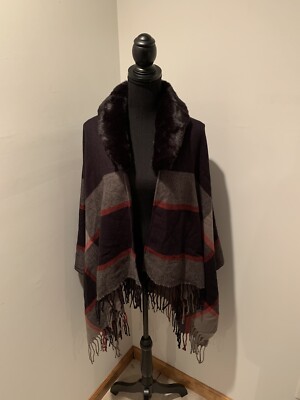 メリー Nordstrom Rack Faux Fur Collar Black Combo Plaid Cape Poncho One