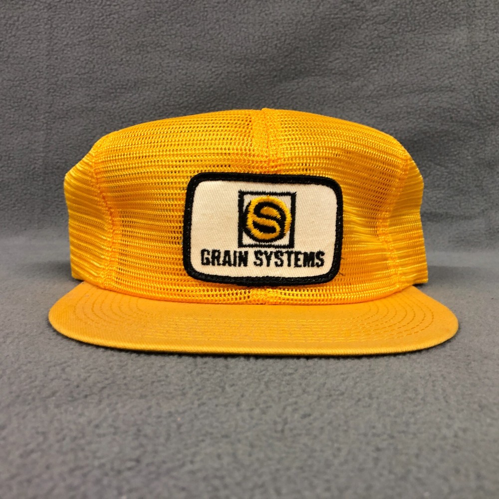 Vintage Yellow Full Mesh Trucker Hat with K Products Grain Systems Logo  