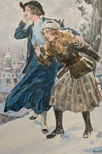 Women in the Snow, 1910 | Watercoloured Proof by Franz Hlavaty