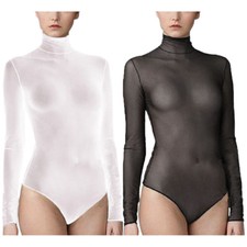 Womens Sheer Mesh See Through Long Sleeve Top Shirt Turtleneck Bodysuit Jumpsuit