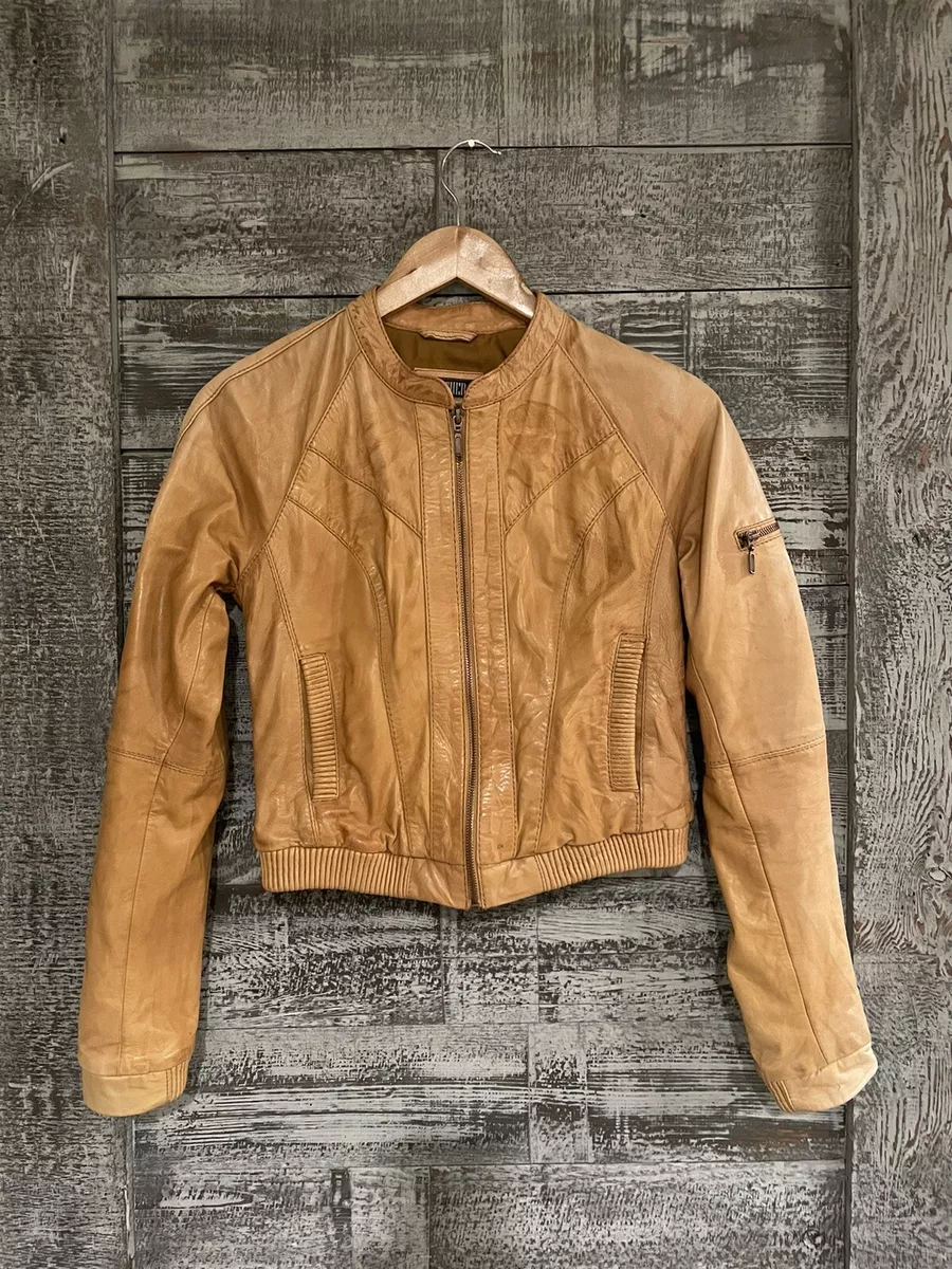 Bershka Genuine Leather Jacket Full Zip Brown Women s Size Small