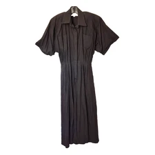 Vintage 80s Norma Kamali Midi Dress Sz 4 Black Cotton Hidden Panel Button Front