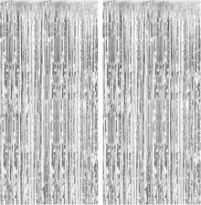 2 Pack Foil Curtain Backdrop Silver Metallic Tinsel Fringe 2 PCS,