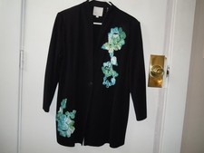 MISOOK COLLECTION BLACK KNIT JACKET WOMEN'S LARGE ONE BUTTON BLUE ROSE DETAILS