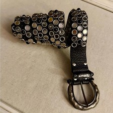 vintage black Italian leather belt w statement gunmetal buckle and stones.