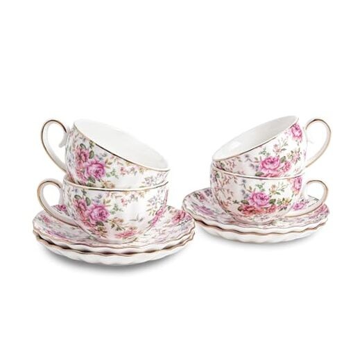Tea Cup and Saucers, 6.4oz Floral Tea Cups with Gold Trim, Porcelain Bone White