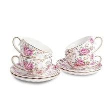 Tea Cup and Saucers, 6.4oz Floral Tea Cups with Gold Trim, Porcelain Bone White
