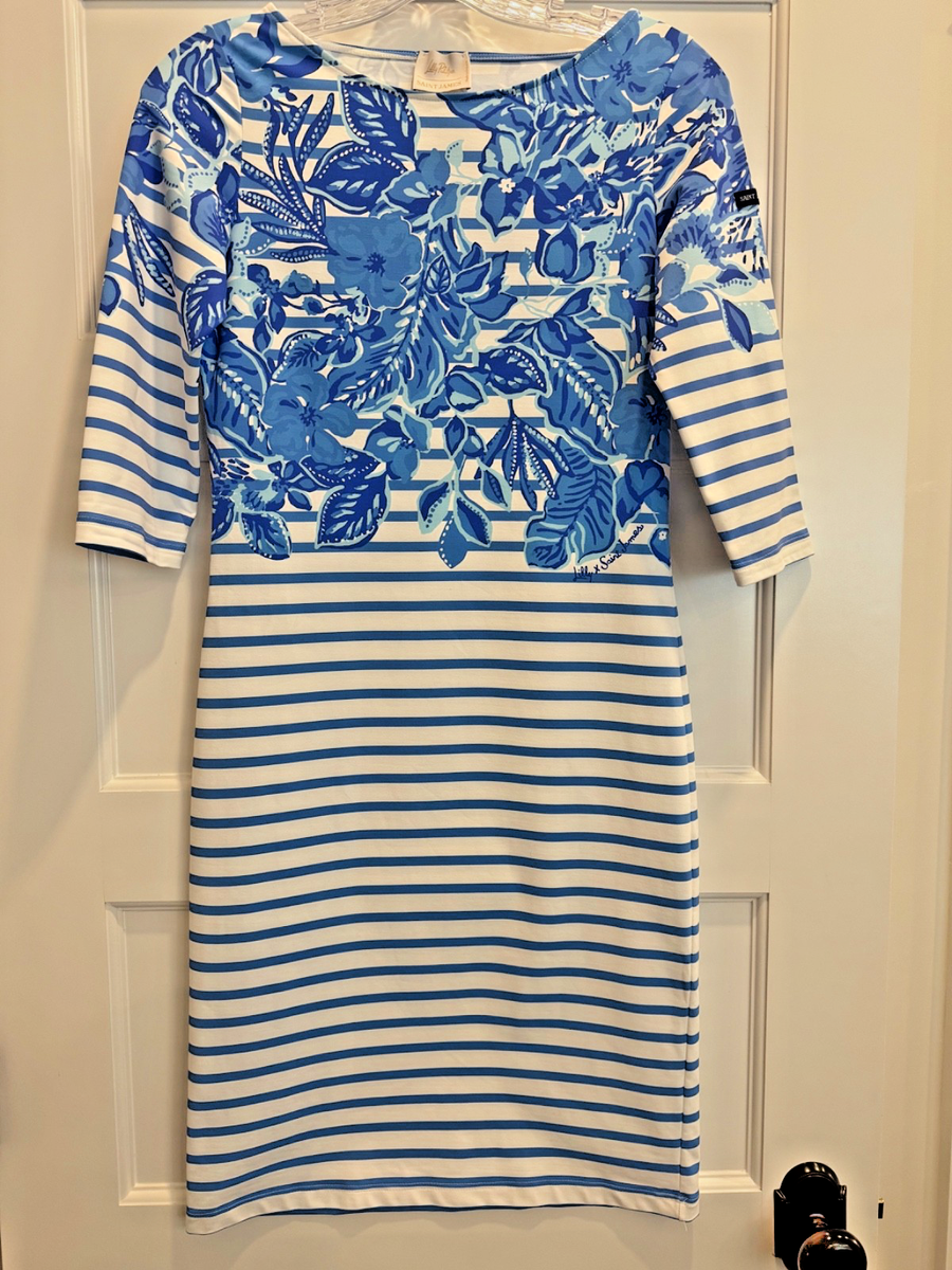 Lilly Pulitzer Saint James Dress XXS/ US 4 Blue Stripe Floral 3/4 Sleeve  Knit | eBay
