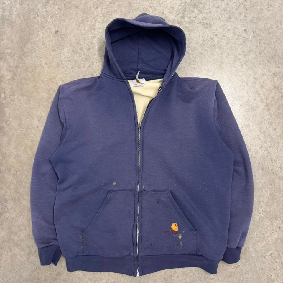Vintage 90s Carhartt Hoodie Full Zip Thermal Distressed Sun Faded Blue Mens XL