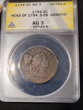 1794 1C Flowing Hair Liberty Cap Large Cent ANACS AG03 Detail Head of 1794