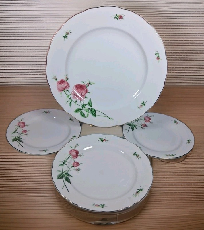 Set of 4 CHRISTINEHOLM Porcelain ROSE Pattern Dishes Dinner Bread Salad Plates