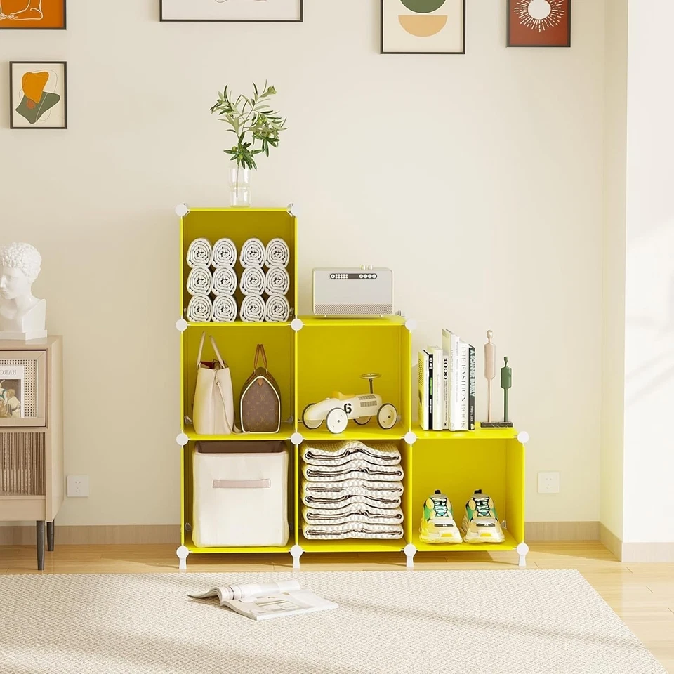 Cube Storage Organizer 6 Cube Shelves Stackable Plastic Closet Shelf Yellow - Image 4 of 4