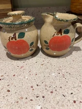 Three Rivers Pottery Pumpkin Cream and Sugar Bowl set EUC Halloween Thanksgiving