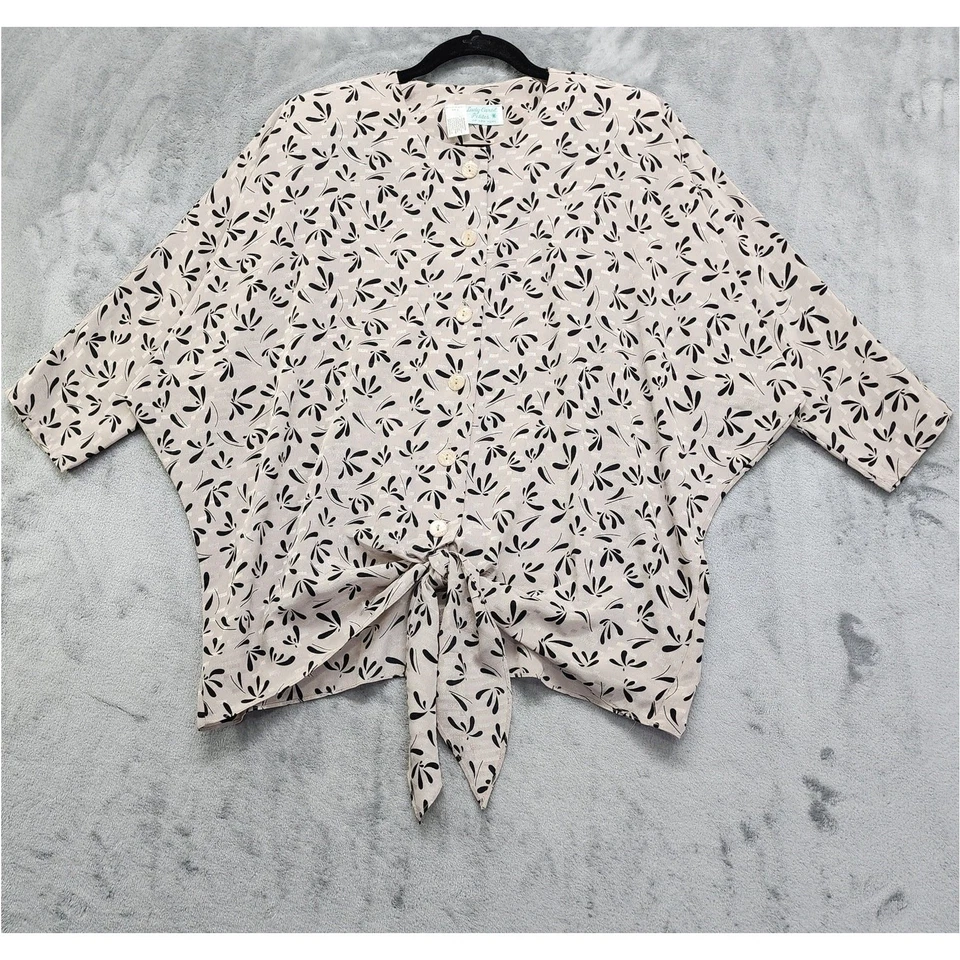 Vintage 80s Skirt Set Size M Beige Black Silky Jacquard Tie Front Oversized  - Image 2 of 4