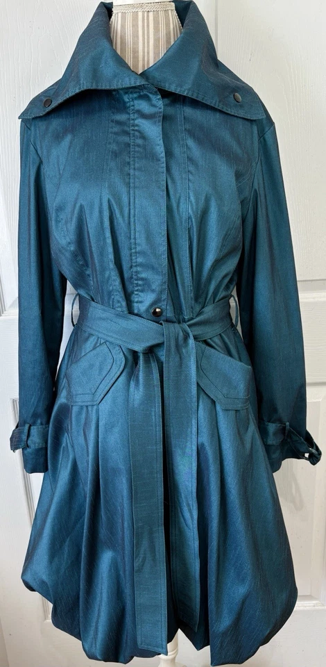 Samuel Dong Teal Bubble Coat Belted Shiny Taffeta Trench Dress NWOT~Medium - Image 4 of 4