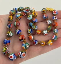 Vintage Venetian Murano Millefiori Glass Bead Graduated Necklace 18”