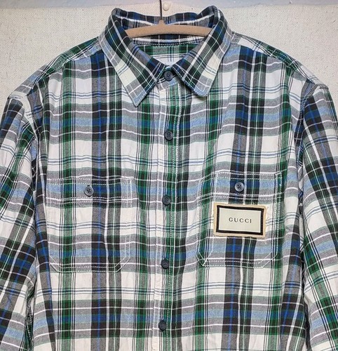 Men's Flannel Large GUCCI Style Plaid Button Up Down Shirt Green Blue - Picture 9 of 18