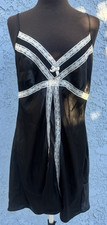 California Dynasty Black Satin White Lace Babydoll Slip Sz L