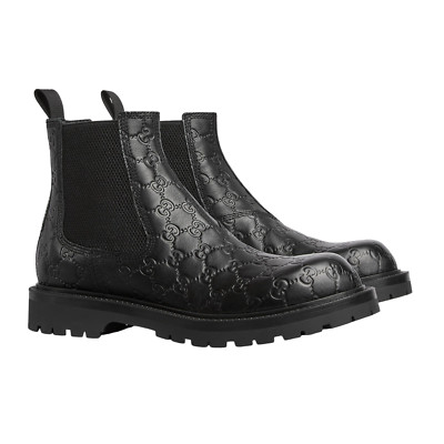 GUCCI Men's Black GG Leather With Web Ankle Boots New And Authentic