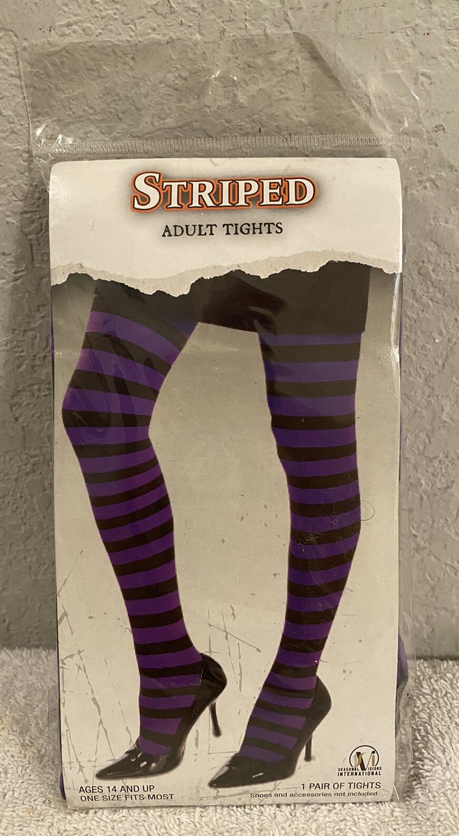 【サンクス様】 Black/Purple Striped Adult Tights, Ages 14+ One Size, Halloween