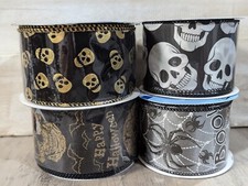Lot of 4 ribbon 2.5" Skulls Spiders Wired Ribbon Halloween Lot 20 yards