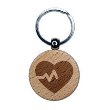 Heart Beat Engraved Wood Round Keychain Tag Charm
