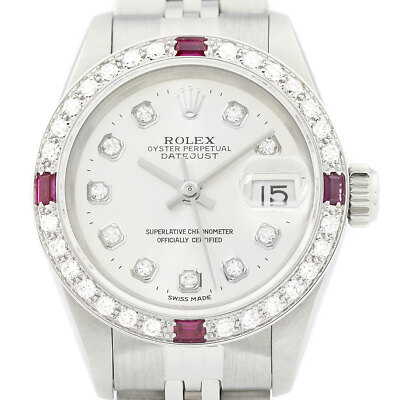 Rolex Damen Datejust 69174 18K Weiss Gold & Ss Silber Ziffernblatt Diamant Rubin