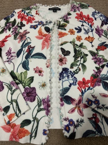 Boston Proper White Colorful Floral Pearl Trim Open Front Knit Cardigan - Picture 2 of 7