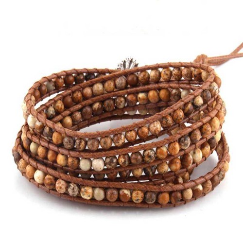 Natural stone bead cowhide rope woven 5 loops cuff bracelet Silver Necklace - Picture 8 of 24