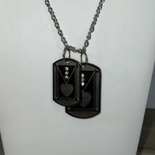 Love With Rhinestones Tags Necklace Gunmetal Silver Set of Two Stacked Retro