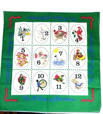 12 Days of Christmas Handkerchief Bandana Table Scarf USA Hav A Hank Vintage