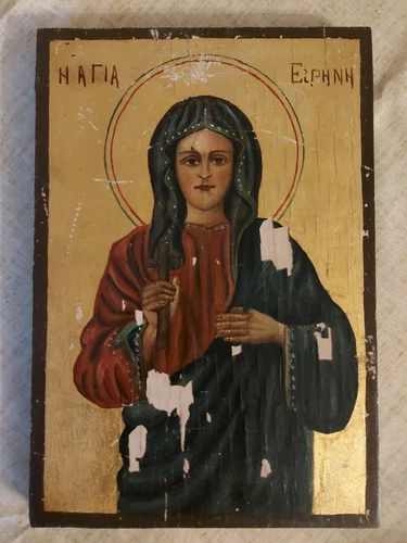 Antique Greek Orthodox Byzantine Icon Saint Irene Hand painted!!