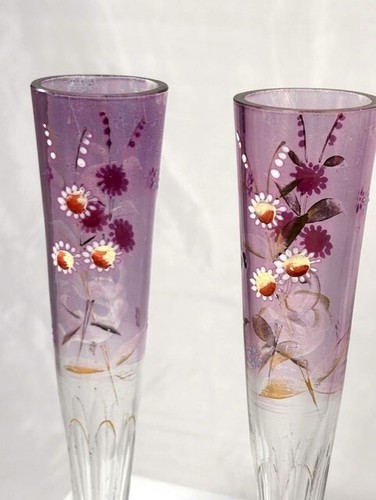 Moser Lavender to Clear Pair Gold Gilt/Hand Painted Optic Glass Vases Floral 7" - Picture 4 of 9