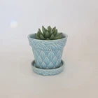 Vintage McCoy diamond print floral patterened planter with saucer MCM aqua light
