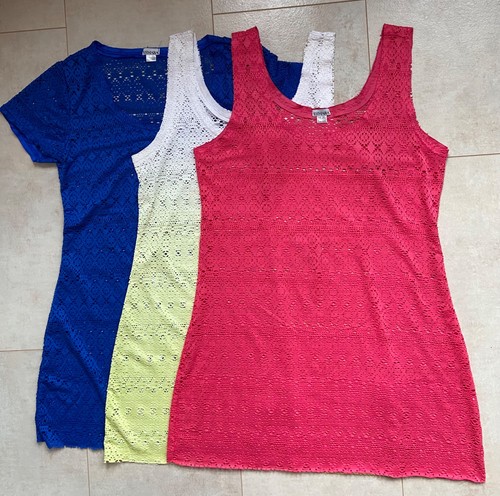 3 Stück Damen Strandtop Strandkleid Netzkleid blau pink gelb M Netz Minikleid