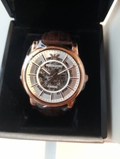 EMPORIO ARMANI Skeleton Men's Watch Automatic , Rose Gold,Brown Leather Band