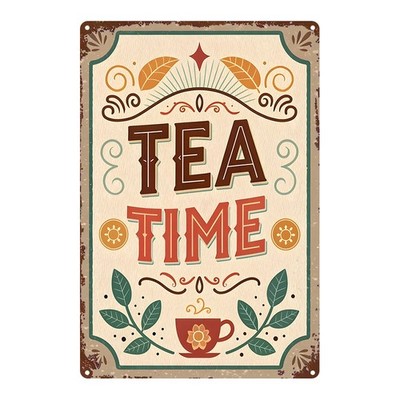Vintage Metal Tea Time Sign Illustration for Home Cafe Decor 8x12