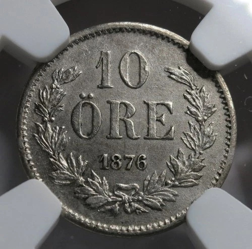 SWEDEN Kingdom 10 ore 1876 NGC MS 62 UNC Silver King Oscar Crown Graded Scarce