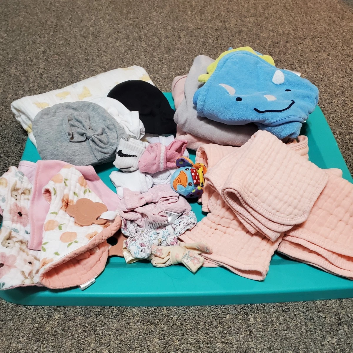 baby girls start up set, blanket, hats, booties, bibs, towels, bows, burp cloths
